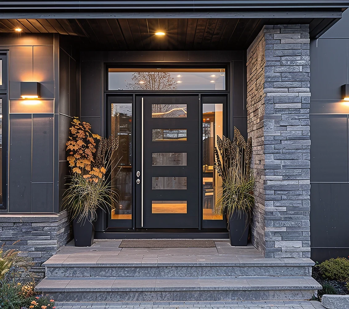 Moderne Haustür aus Aluminium in elegantem Design mit Glaseinsätzen und seitlichen Pflanzen