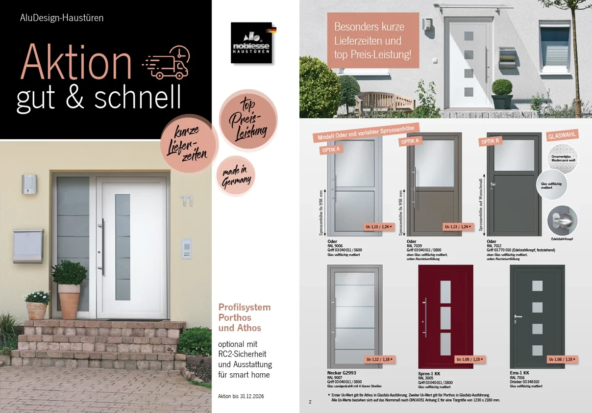 Noblesseaktion 2025 Prospekt für Haustüren von Noblesse mit kurzen Lieferzeiten und Top-Preis-Leistung, verschiedene Türmodelle abgebildet