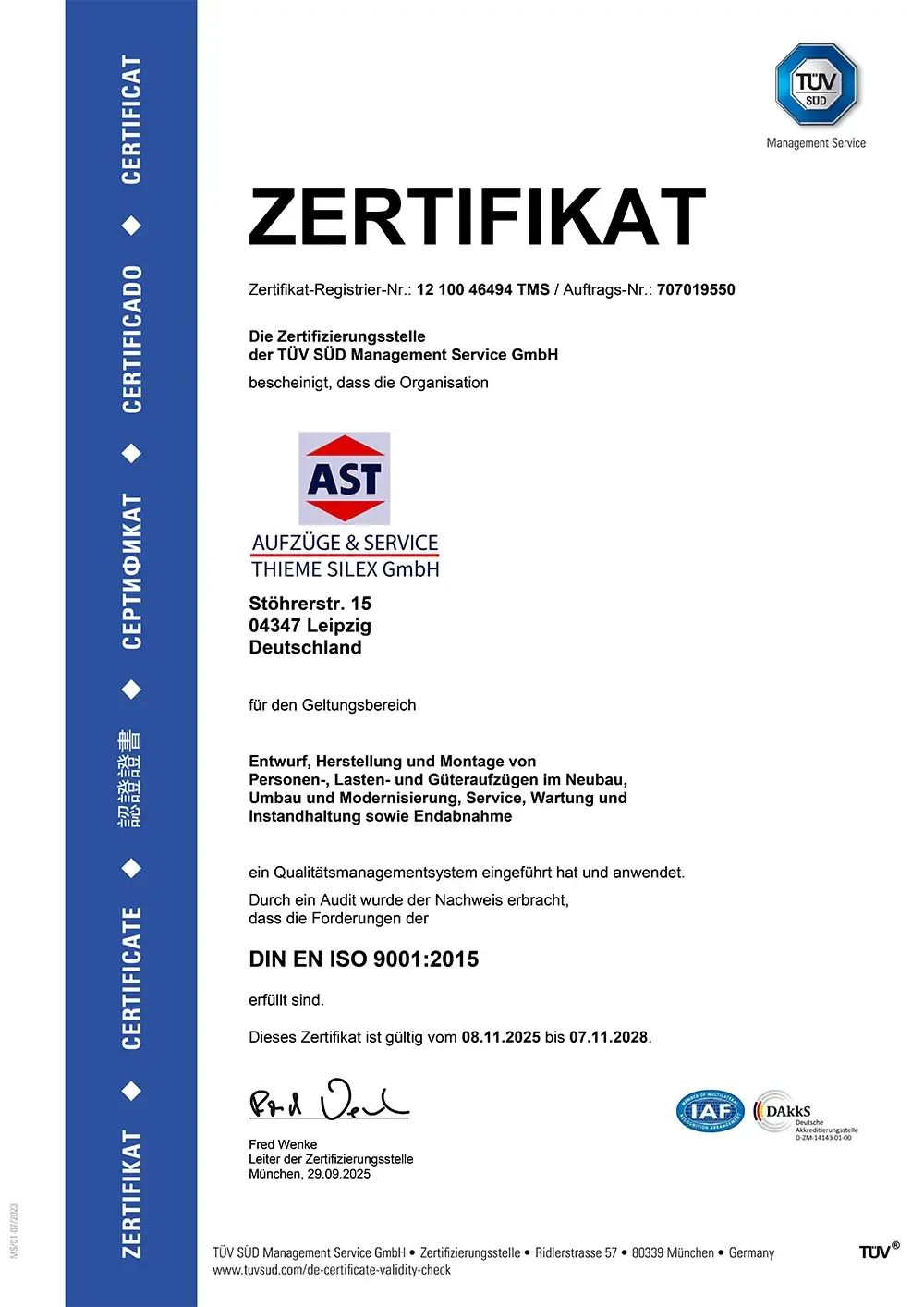 ISO 9001:2015 Zertifikat 2025 für AST Aufzüge & Service Thieme Silex GmbH, Leipzig