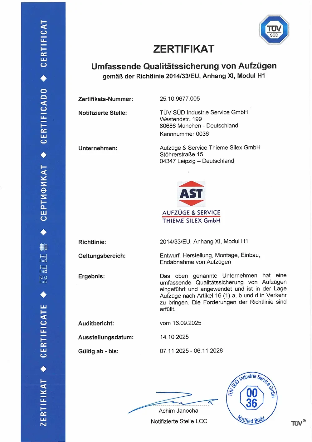 Zertifikat 2025 für Aufzüge & Service Thieme Silex GmbH ausgestellt von TÜV SÜD Industrie Service GmbH nach Richtlinie 2014/33/EU, Anhang XI, Modul H1