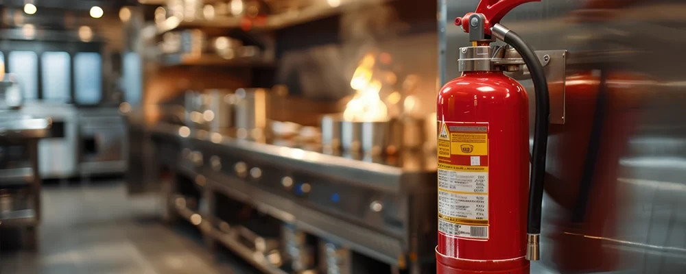 Feuerlöscher in einer Küche als Symbol für Brandschutz