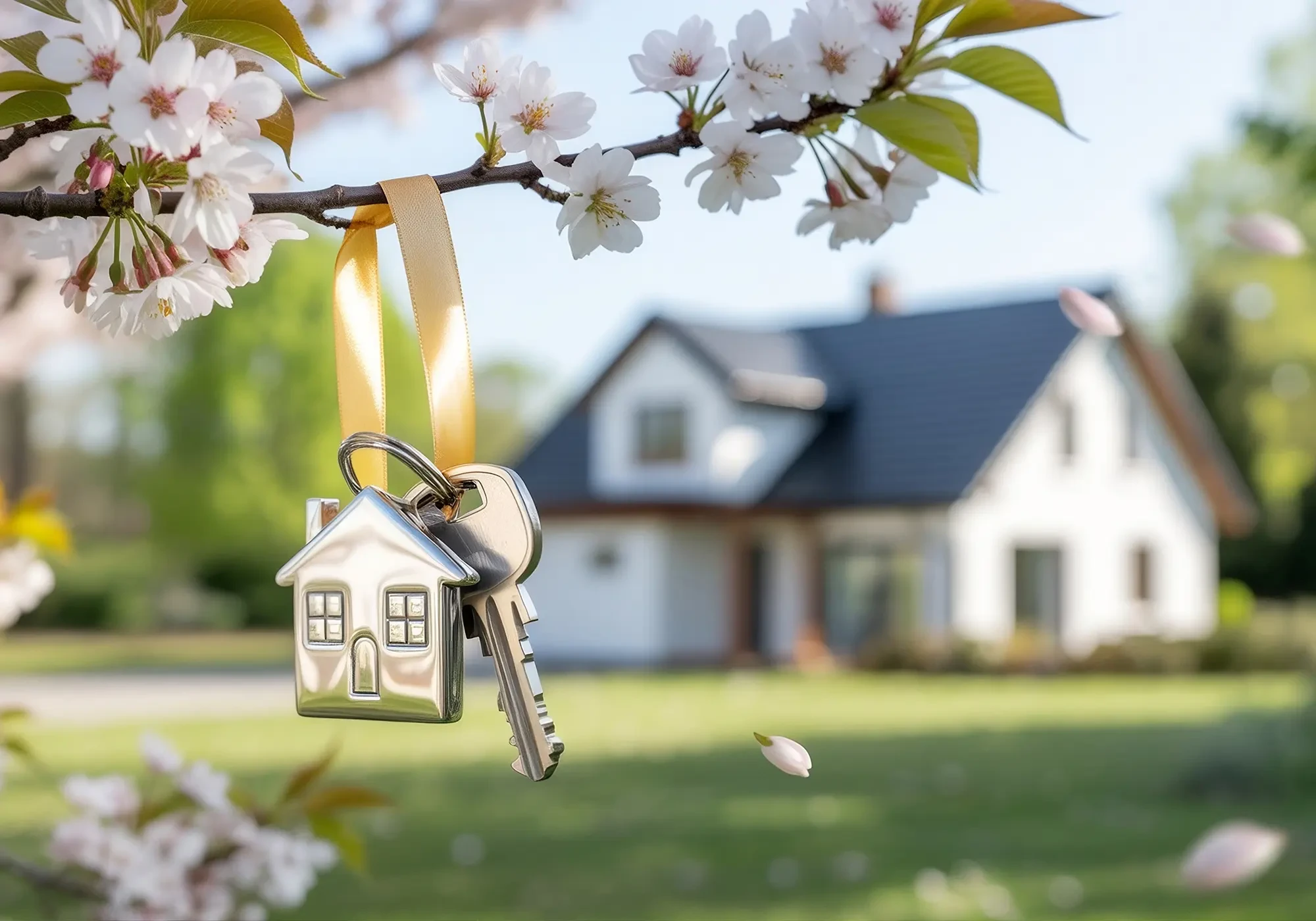 Schlüssel mit Hausanhänger und Blüten im Vordergrund, Einfamilienhaus im Hintergrund – Symbol für Haus kaufen