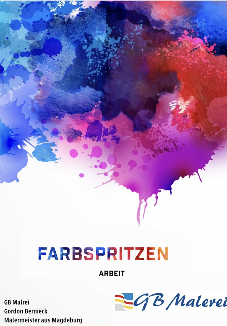Bunte Farbspritzer auf weißem Hintergrund mit dem Schriftzug 'FARBBSPRITZEN ARBEIT'