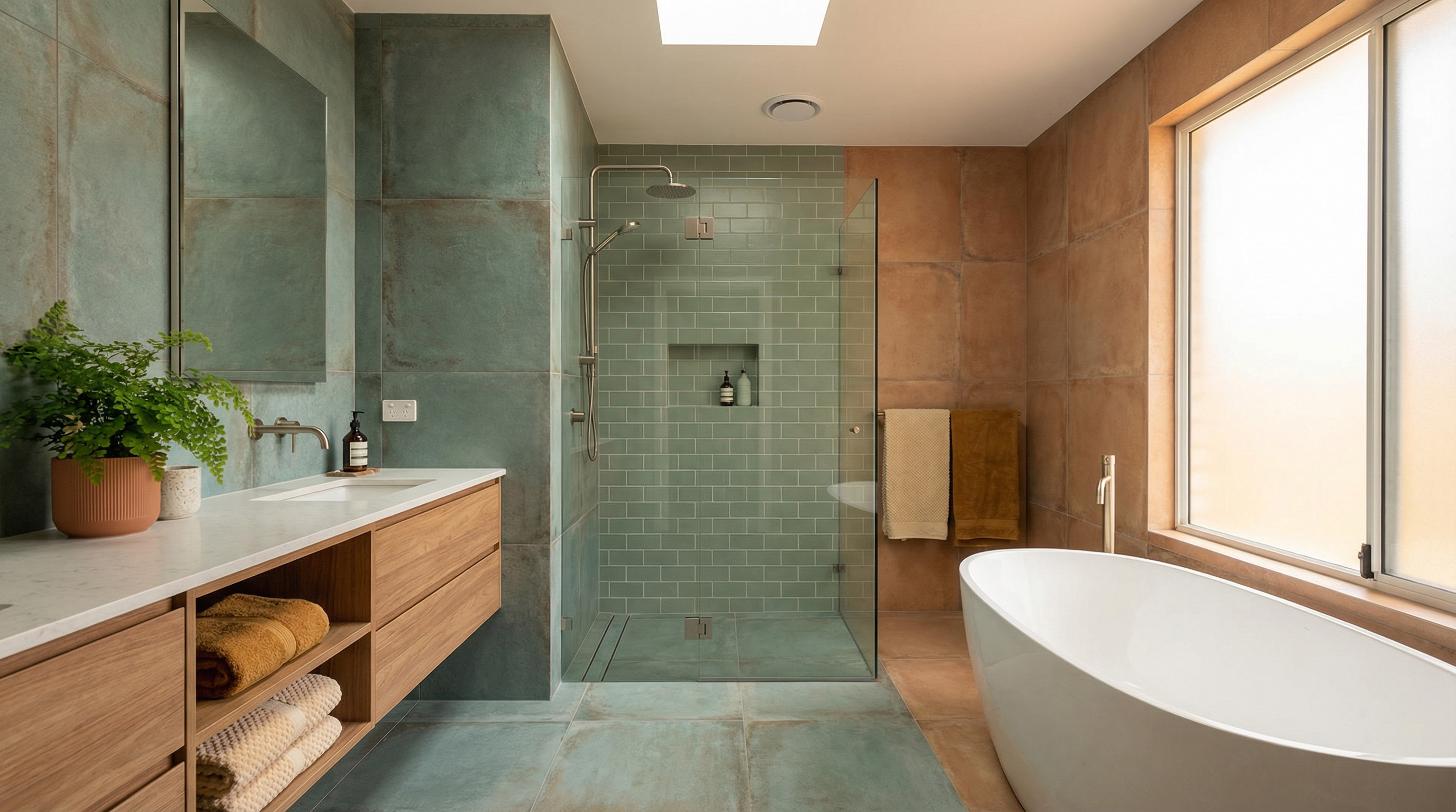 Modernes Badezimmer mit begehbarer Dusche, grünen Fliesen und freistehender Badewanne