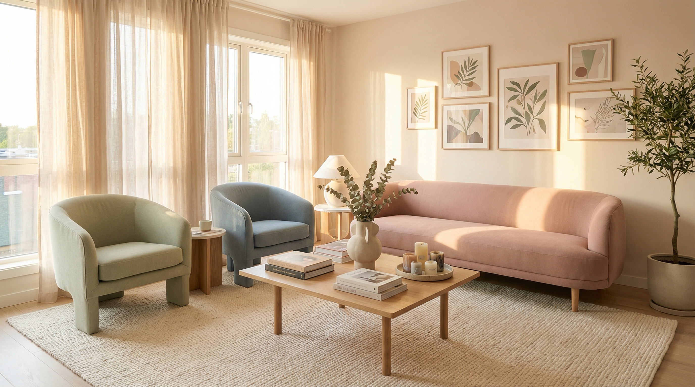 Modernes, helles Wohnzimmer mit pastellfarbenen Möbeln und minimalistischer Dekoration