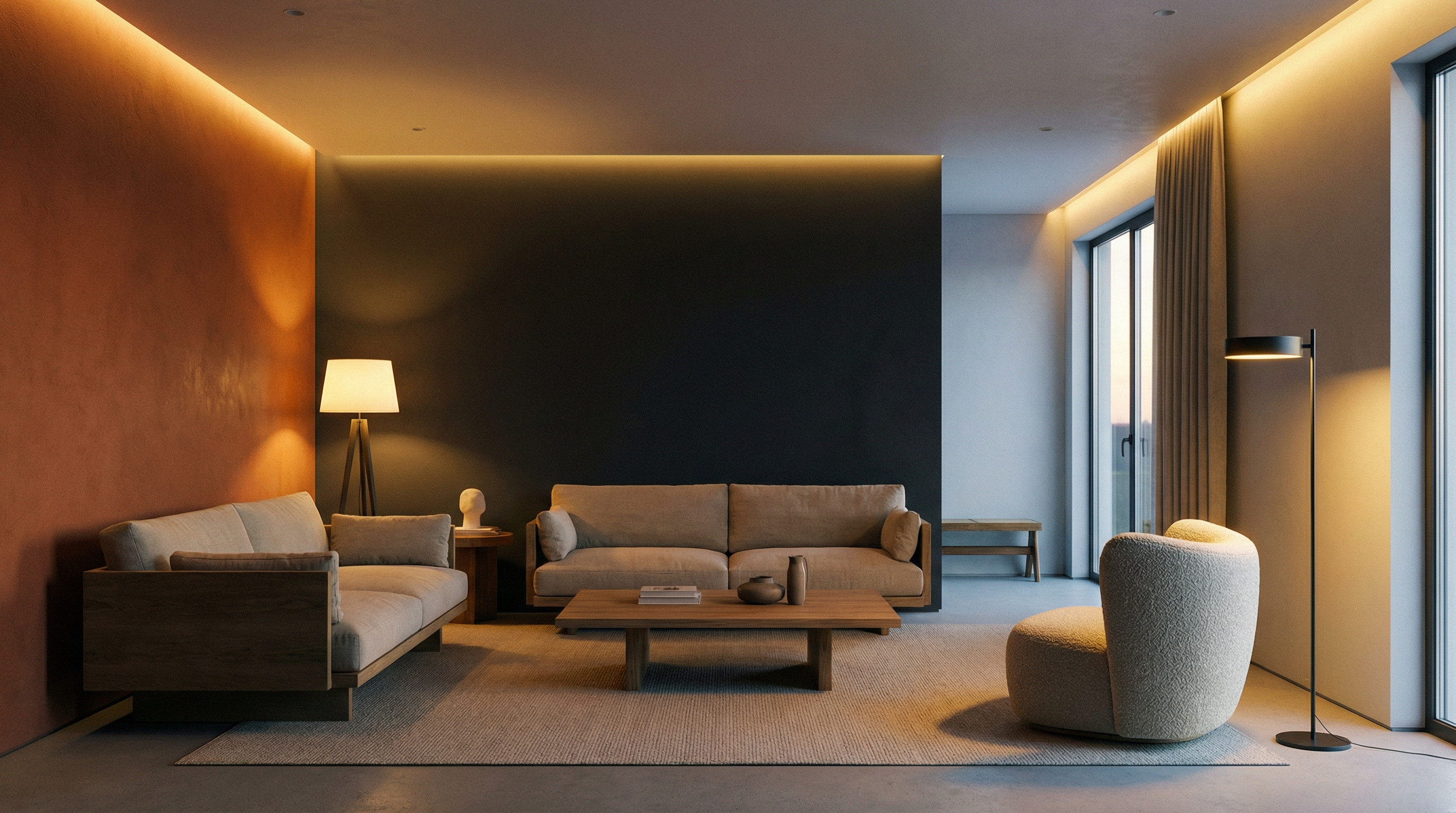 Modernes Wohnzimmer mit minimalistischer Einrichtung, beigen Sofas und indirekter Beleuchtung