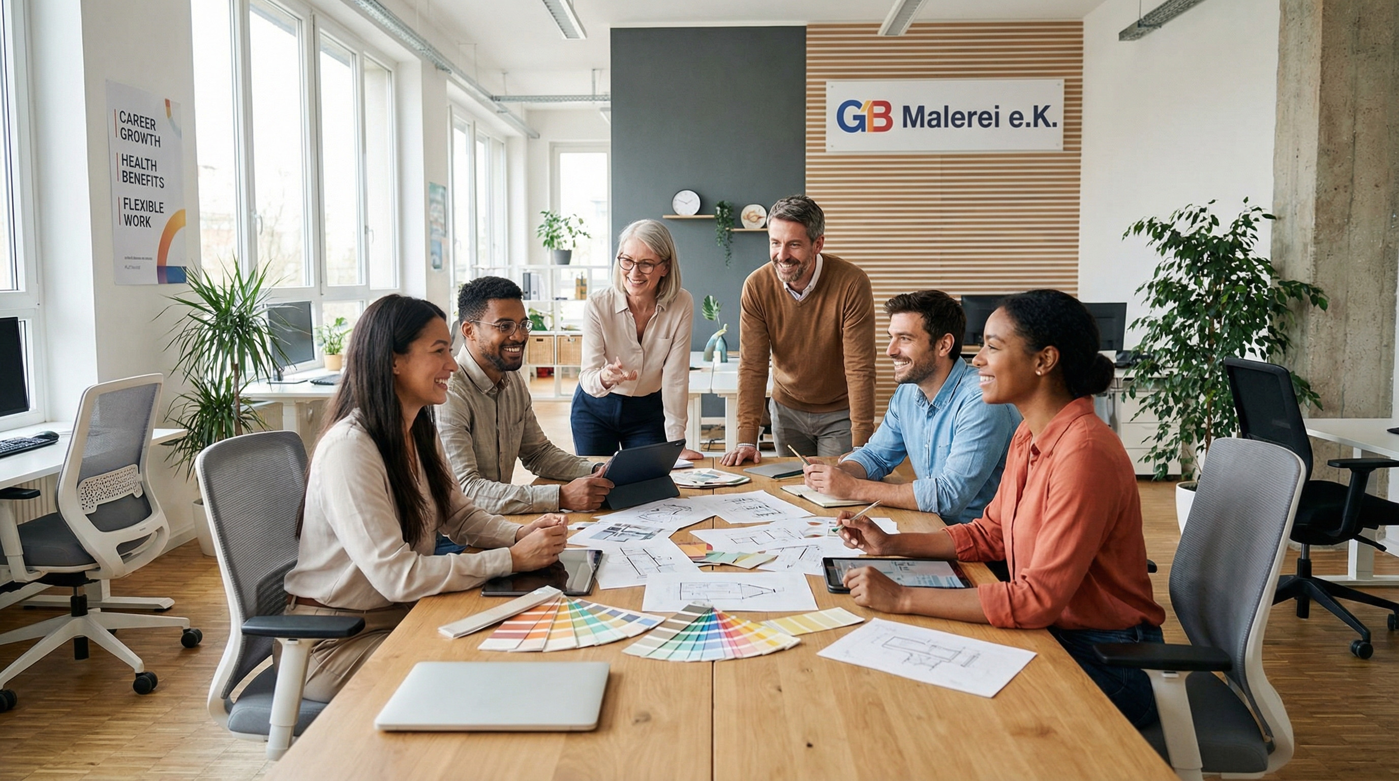 Teammeeting bei GB Malerei e.K. mit Farbpaletten und Bauplänen im Büro