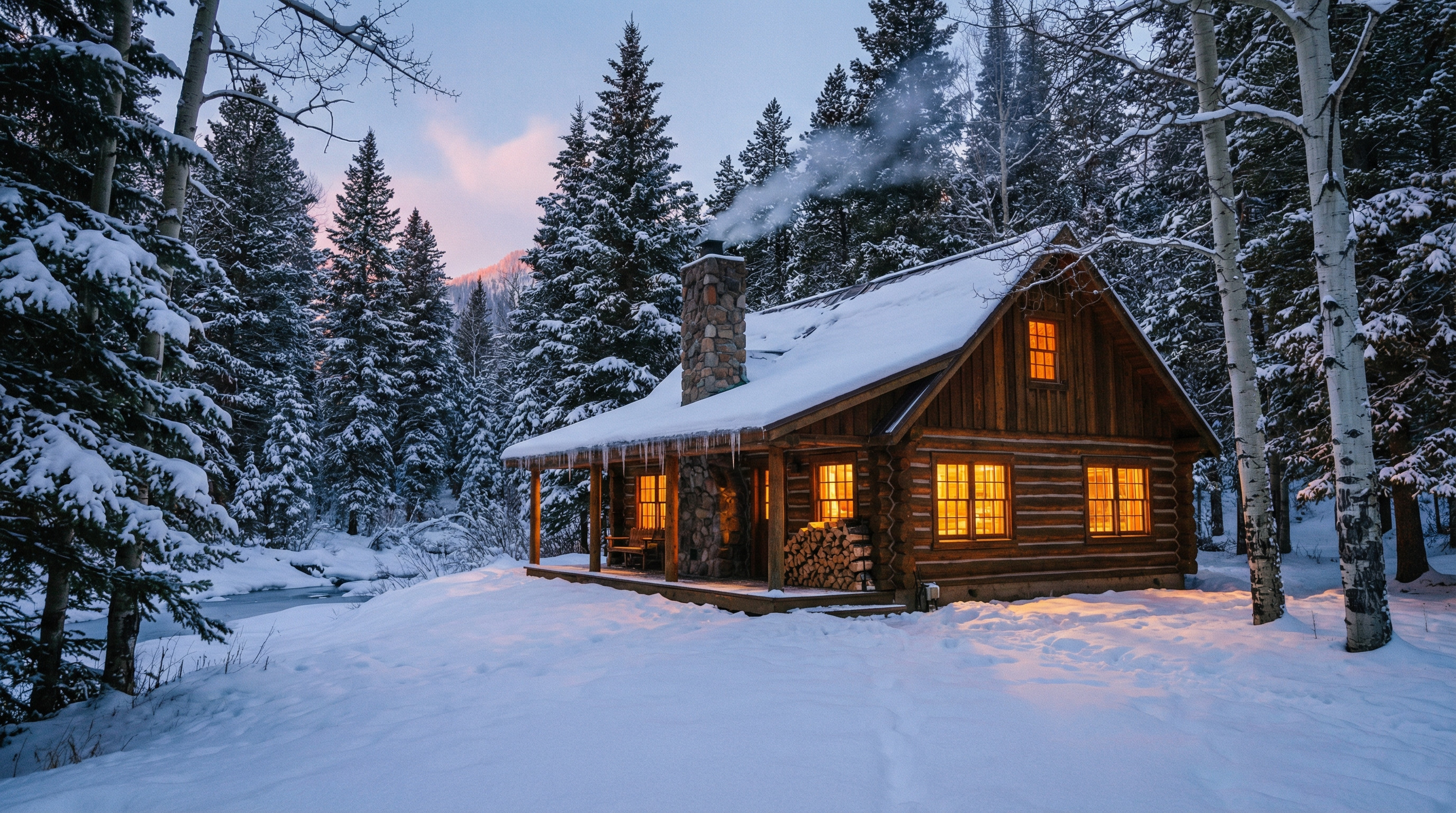 Blockhütte im verschneiten Winterwald mit rauchendem Schornstein und beleuchteten Fenstern