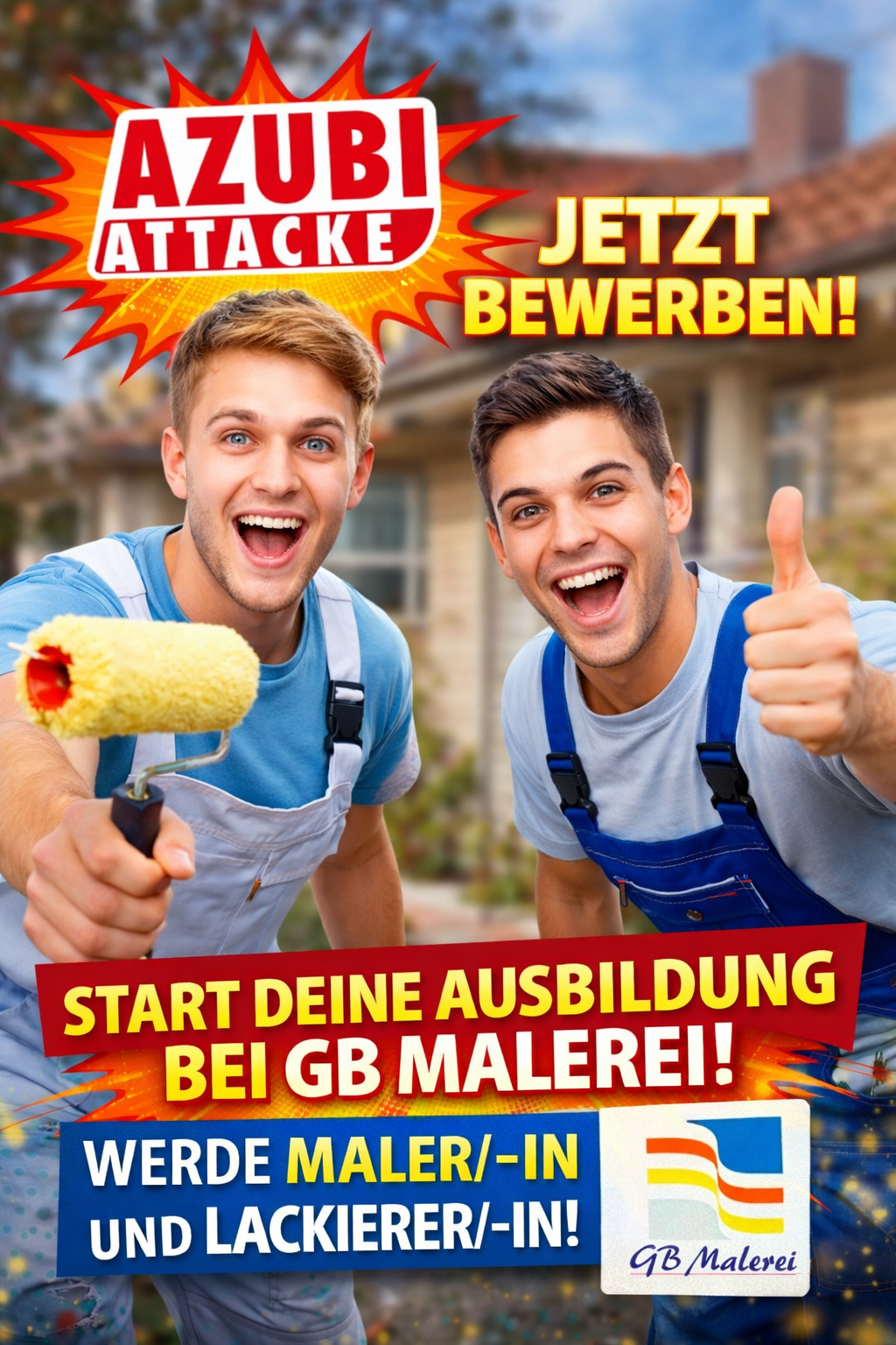 Zwei junge Männer in Arbeitskleidung mit Farbroller und Daumen hoch, Werbebild für Ausbildung bei GB Malerei