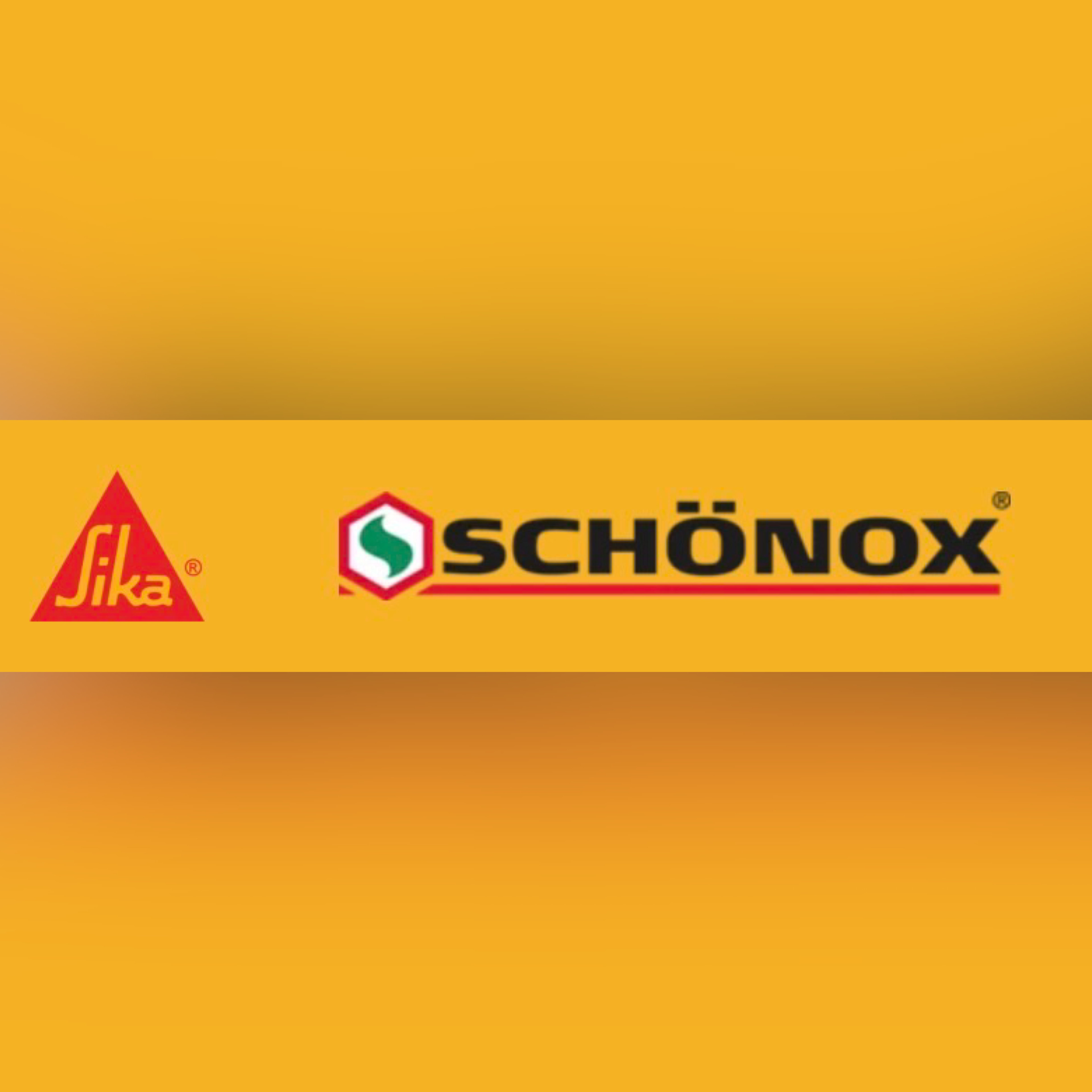 Sika und Schönox Logos auf gelbem Hintergrund