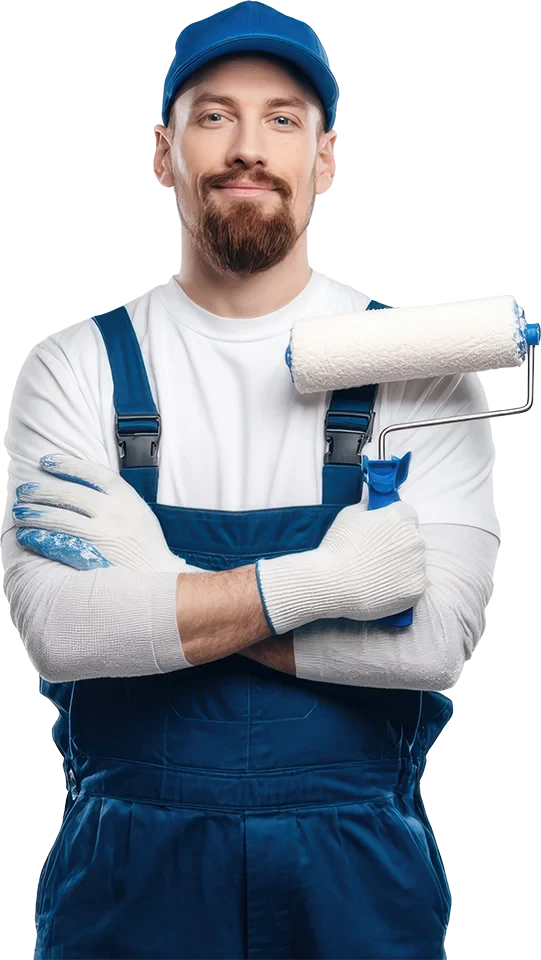 Malermeister auf der Startseite mit Farbroller Malermeister mit Farbroller in Arbeitskleidung