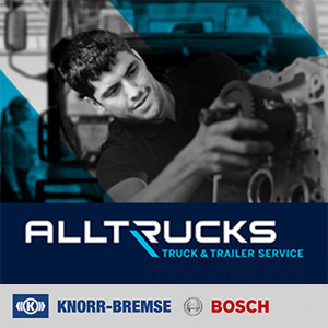 Alltrucks Teaser: Lkw-Mechaniker bei der Arbeit im Truck & Trailer Service mit Knorr-Bremse und Bosch Logos
