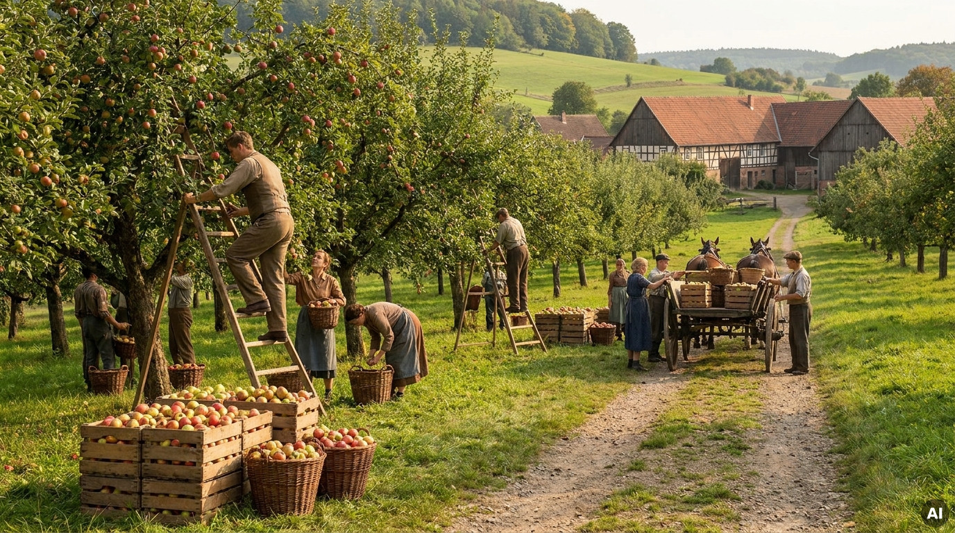Historische Apfelernte auf einer Streuobstwiese mit Menschen, Körben und Leiter in ländlicher Umgebung