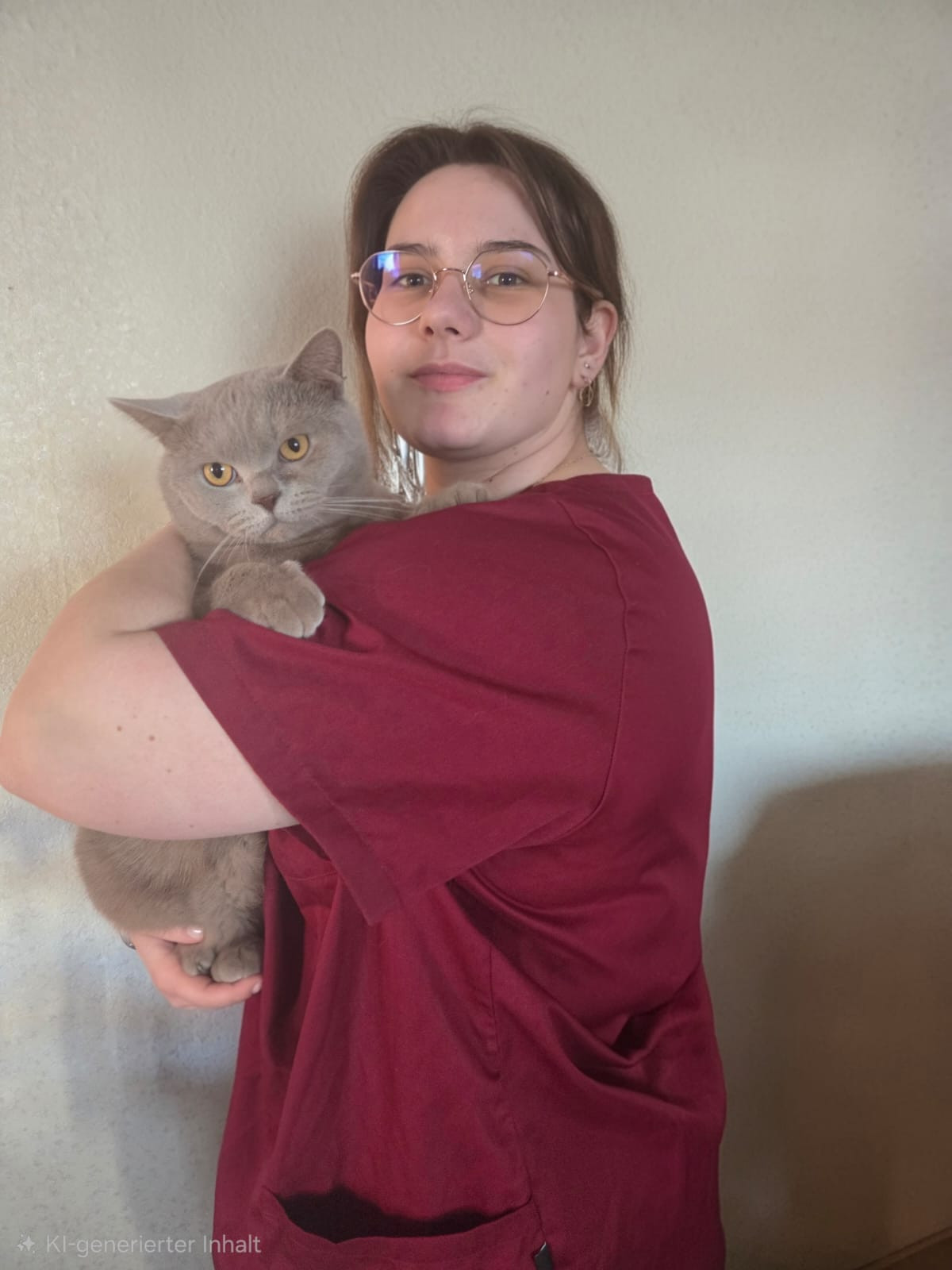 Person in rotem T-Shirt hält eine graue Katze im Arm