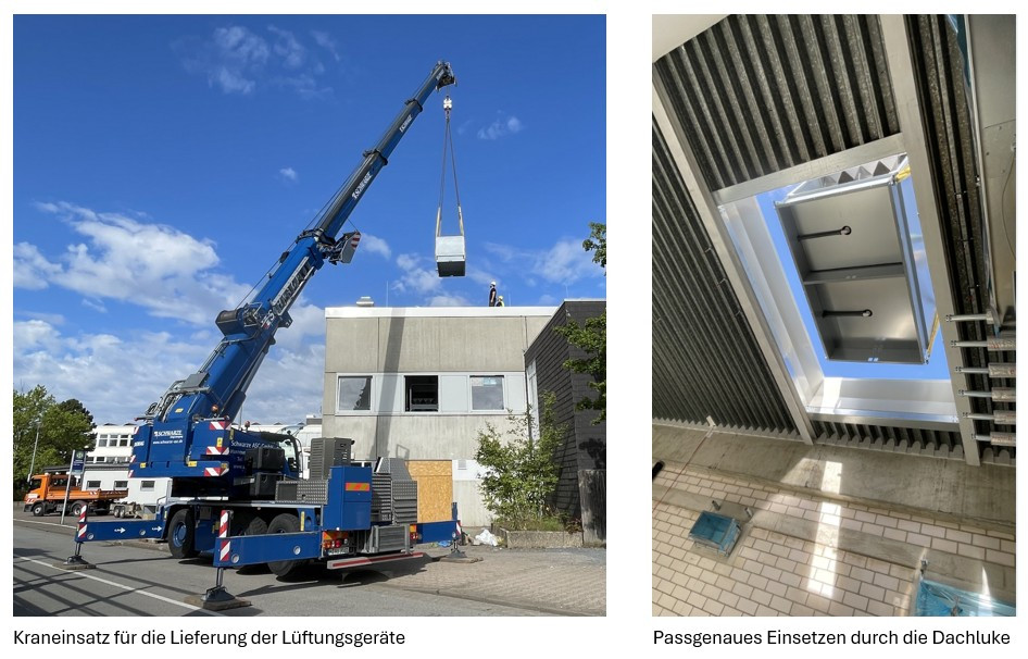Kraneinsatz zur Installation von RLT-Geräten an der KGS Pattensen Sporthalle am 10. Juli 2025