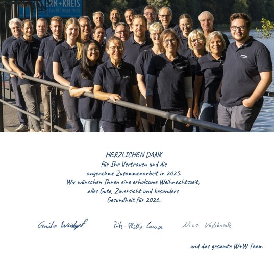 Weihnachtskarte 2025 mit dem W+W Team und Dankesbotschaft für die Zusammenarbeit