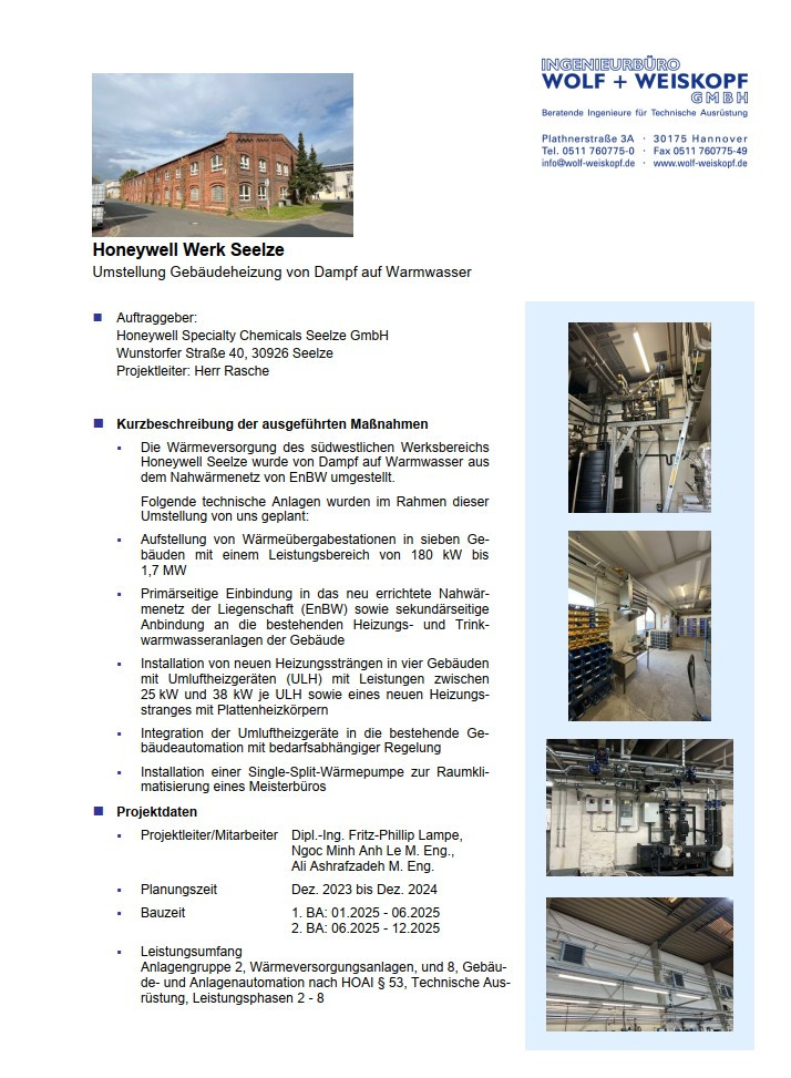 Honeywell Werk Seelze Umstellung von Dampf auf Warmwasser 2025 Projektbeschreibung und technische Anlagen