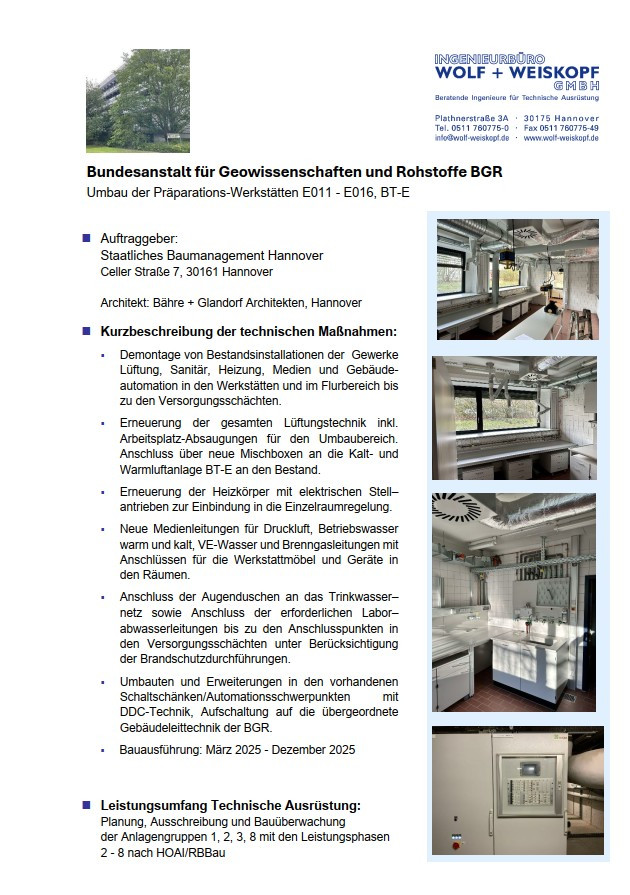 Projektdatenblatt der Bundesanstalt für Geowissenschaften und Rohstoffe BGR zum Umbau der Präparations-Werkstätten E011-E016, BT-E mit technischen Maßnahmen und Bildern der Werkstatt