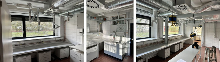 Laborraum mit moderner Ausstattung und Tageslicht am 26.02.2026 – drei Bilder Modernes Labor mit Edelstahl-Arbeitsflächen, technischen Installationen und Tageslicht, aufgenommen am 26. Februar 2026