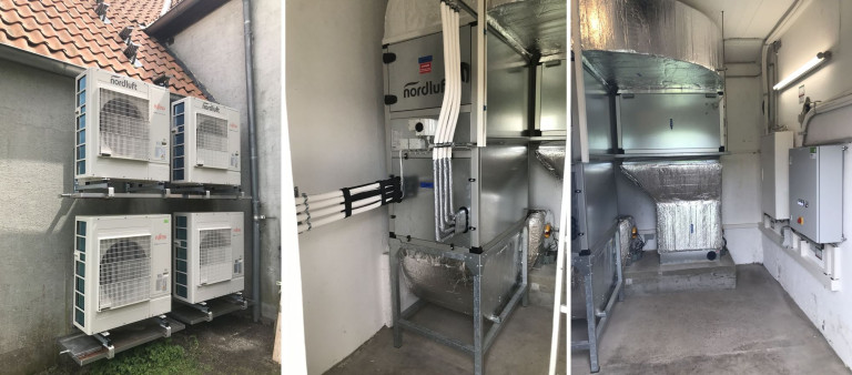 nordluf Lüftungsanlage mit Rohrleitungen im Technikraum – Detailaufnahme Lüftungsanlage von nordluf mit Rohrleitungen in einem Technikraum, Nahaufnahme