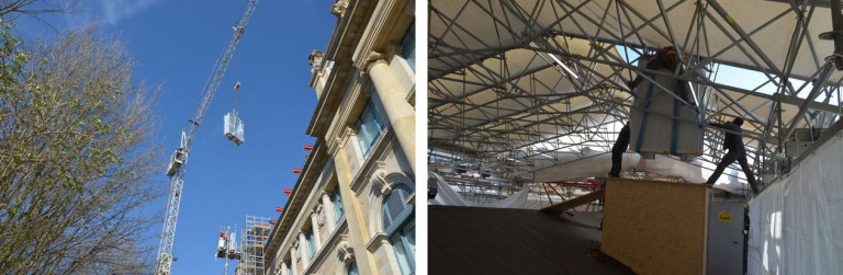 Fassade eines historischen Gebäudes und Gerüstkonstruktion bei Gerateanlief am 19.03.2026