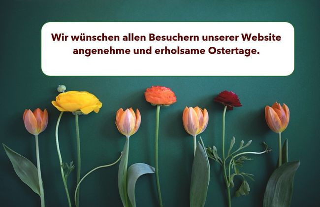 Ostergruß mit bunten Frühlingsblumen und Text für Ostern 2026