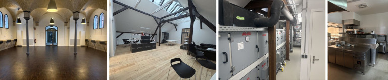 4 Bilder horizontal – moderne Büroeinrichtung und Technikraum in Collage Collage aus vier horizontal angeordneten Bildern mit modernem Büro, Technikraum und Einrichtung