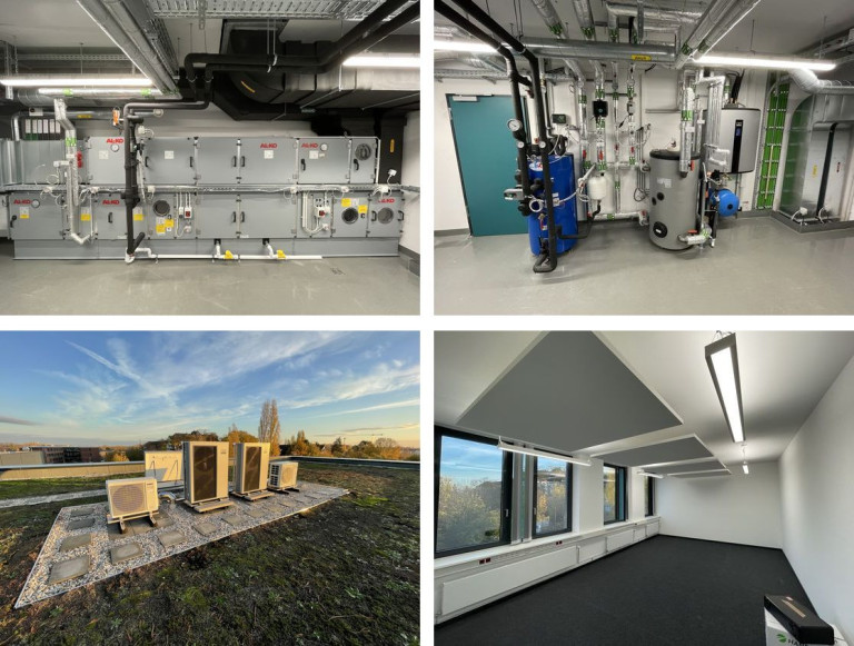 4-Mosaik – Gebäudetechnik: Lüftung, Heizung, Klimaanlage und moderner Büroraum 4-Mosaik: moderne Gebäudetechnik mit Lüftungsanlage, Heizungsanlage, Klimageräten auf dem Dach und Büroinnenraum