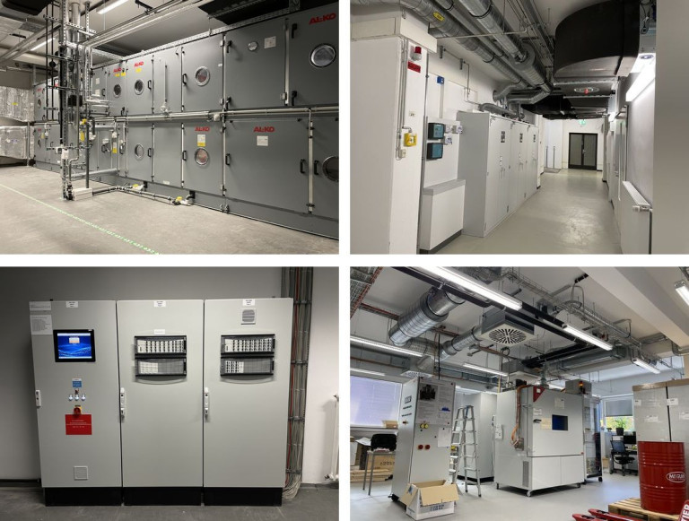 4-Bilder-Mosaik: Technikräume, Schaltschränke und Lüftungsanlagen in Industrieumgebung 4-Bilder-Mosaik mit Technikräumen, Schaltschränken und Lüftungsanlagen in einem Industriegebäude