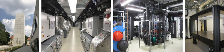 Technikraum: Heizungs- und Lüftungsanlagen – 4 Bilder horizontal Technikraum mit Heizungs- und Lüftungsanlagen, 4 Bilder horizontal angeordnet