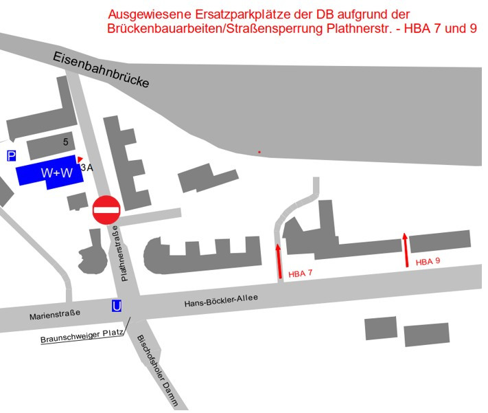 Lageplan der Ersatzparkplätze an der Plathnerstraße wegen Brückenbauarbeiten und Straßensperrung am 22.04.2026