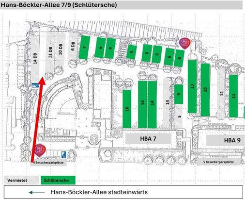 Lageplan der Parkflächen an der Hans-Böckler-Allee 7 und 9 (HBA 7 und 9) mit markierten Parkplätzen und Zufahrtswegen