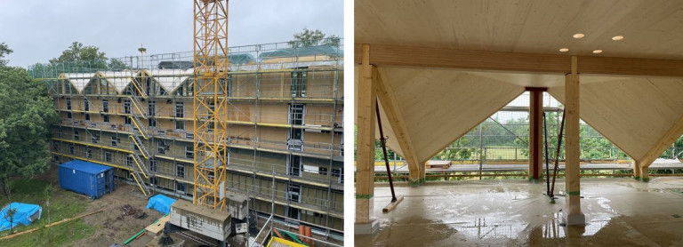 Zwei Bilder vom 15.06.2026: Baustelle mit Gerüst und moderner Holzkonstruktion im Rohbau Zwei Bilder einer modernen Baustelle am 15.06.2026: links ein mehrstöckiges Gebäude mit Baugerüst, rechts Holzkonstruktion im Rohbau.