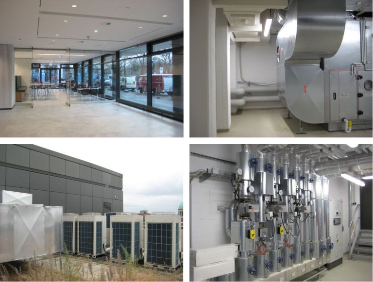 4 Bilder von moderner Gebäudetechnik – Innenraum, Heizung, Klimaanlagen und Steuerungseinheit 4 Bilder zeigen moderne Gebäudetechnik: Innenraum, Heizungsanlage, Klimaanlagen auf dem Dach und technische Steuerungseinheit.