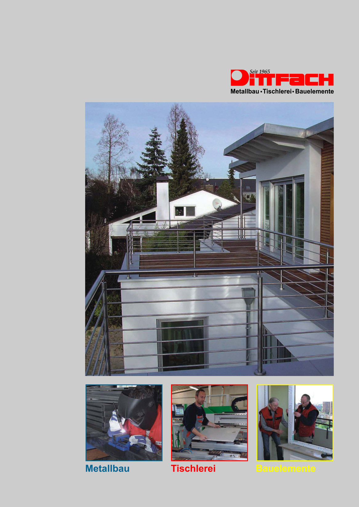 Deckblatt einer Produktbroschüre von Metallbau, Tischlerei und Bauelementen mit modernem Balkon und Firmenlogo