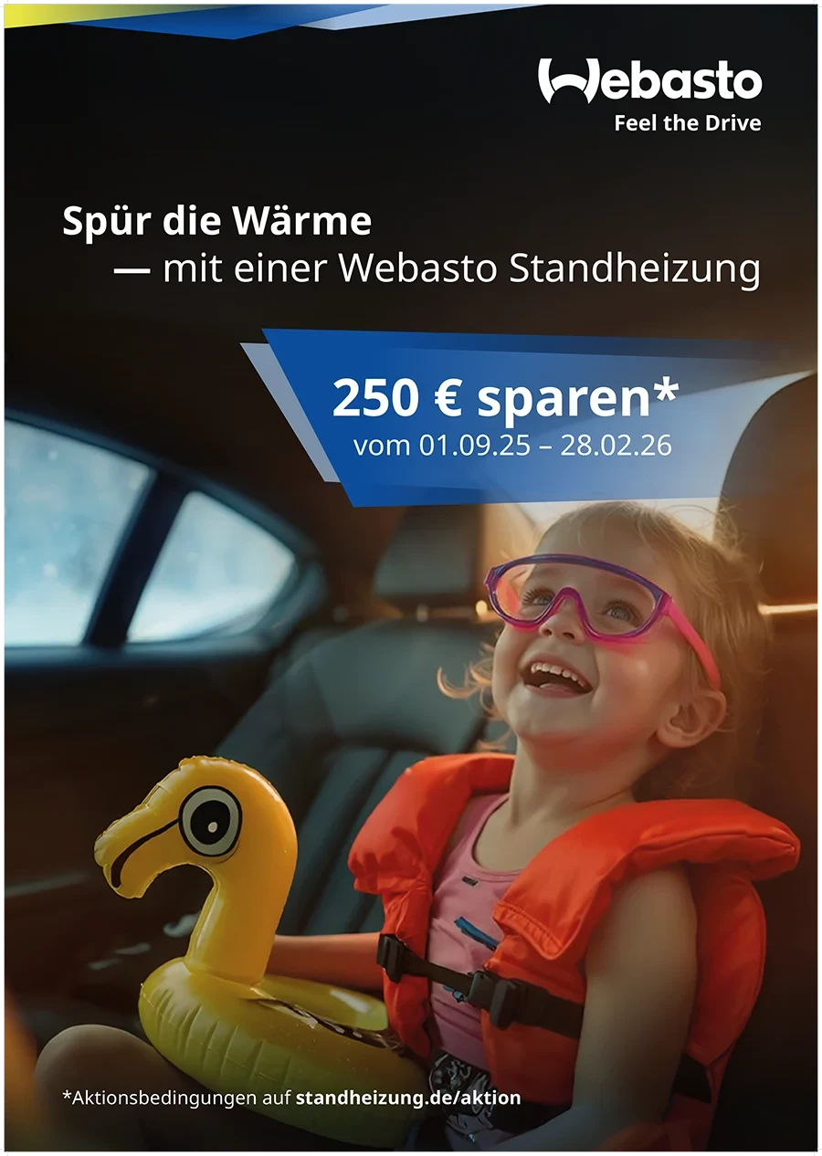 Poster zur Webasto Winteraktion 2025/2026 mit 250 Euro Rabatt auf Standheizungen