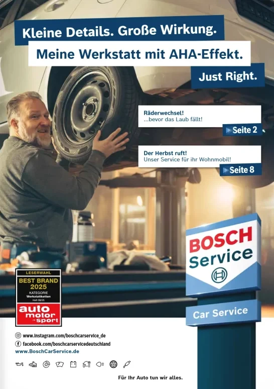 Bosch Car Service Werkstatt Prospekt 2025 – Räderwechsel und Herbstservice, ausgezeichnet als Best Brand von auto motor und sport