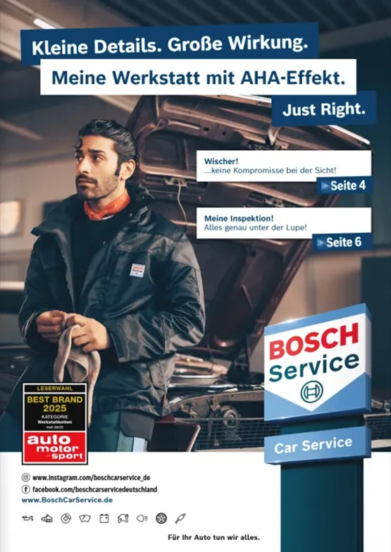 Bosch Service Prospekt 2025: Werkstatt, Inspektion und Auszeichnung als Best Brand 2025 Bosch Service Prospekt 2025 – Werkstattmitarbeiter bei der Autoinspektion vor geöffneter Motorhaube, ausgezeichnet als Best Brand 2025 von auto motor und sport