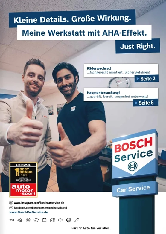 Bosch Prospekt 2026 – Bosch Car Service mit Auszeichnung und Serviceangeboten Bosch Prospekt 2026: Zwei Mitarbeiter im Bosch Car Service geben Daumen hoch, Auszeichnungen und Serviceleistungen im Hintergrund.