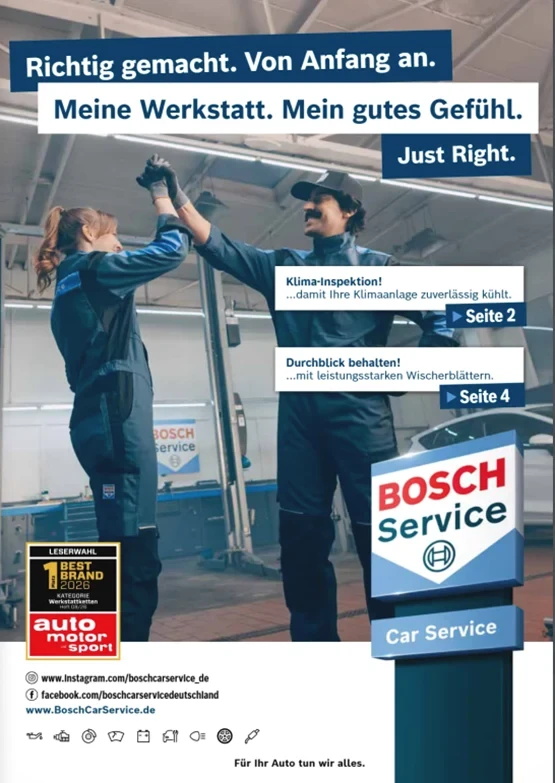 Bosch Service Prospekt 2026: Zwei Kfz-Mechaniker geben sich ein High-Five in einer Werkstatt, Bosch Service Logo, Hinweise auf Klima-Inspektion und Wischerblätter, Auszeichnung Best Brand 2026 von auto motor und sport.