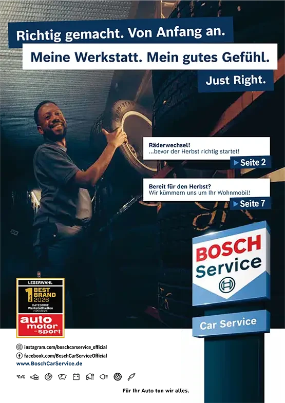 Titelbild des BCS Online Prospekts 2026 mit Bosch Car Service, Werkstattmitarbeiter beim Reifenwechsel und Auszeichnung als Best Brand 2026