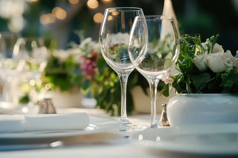 Gläser auf festlich gedecktem Tisch – stilvolle Tischdekoration mit Blumen Elegante Gläser auf festlich gedecktem Tisch mit Blumen im Hintergrund