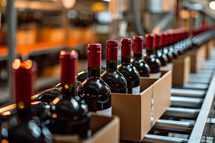 Weinflaschen auf Förderband in einer Weinkellerei – bild-wein.webp Reihe von Weinflaschen mit roten Kapseln in Kartons auf einem Förderband in einer Weinkellerei