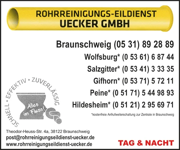 Gelbe Seiten Anzeige Rohrreinigungs-Eildienst Uecker GmbH mit Kontaktdaten für Braunschweig, Wolfsburg, Salzgitter, Gifhorn, Peine und Hildesheim