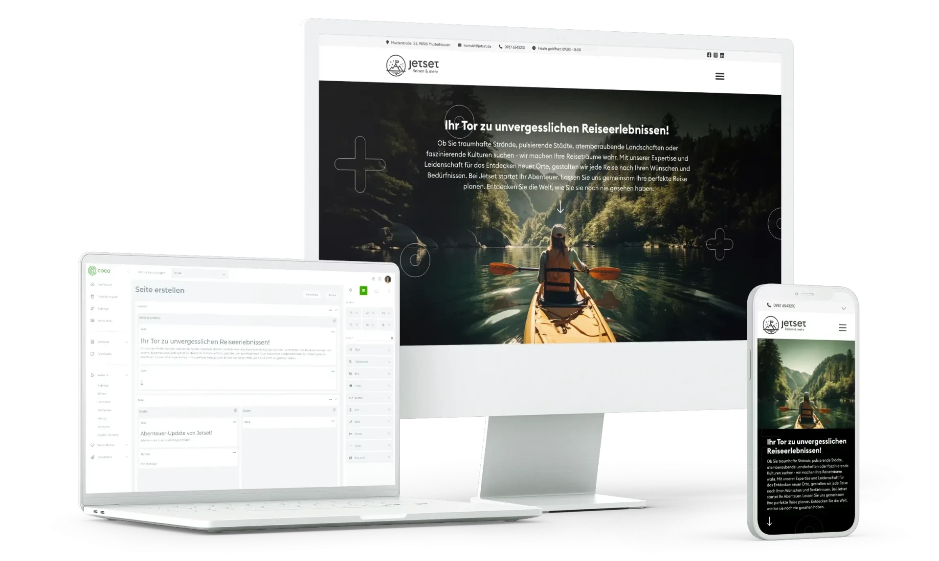 Bildschirmdarstellung einer modernen Reise-Website mit dem Namen Jetset, die individuelle Reiseerlebnisse präsentiert, und einem Laptop mit Content-Management-System.