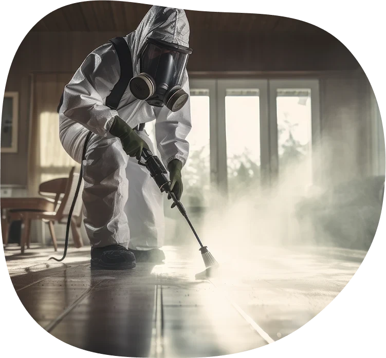 Person in Schutzanzug desinfiziert und reinigt einen Fußboden mit professionellem Gerät in einem Wohnraum
