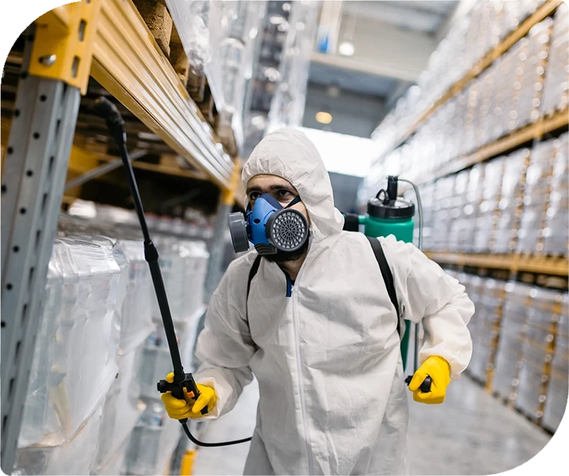 Schädlingsbekämpfung in Lagerhalle durch Fachkraft im Schutzanzug mit Sprühgerät