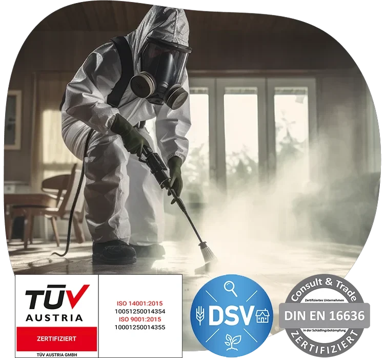 Desinfektion durch Fachkraft in Schutzanzug mit TÜV Austria, DSV und DIN EN 16636 Siegeln auf der Startseite