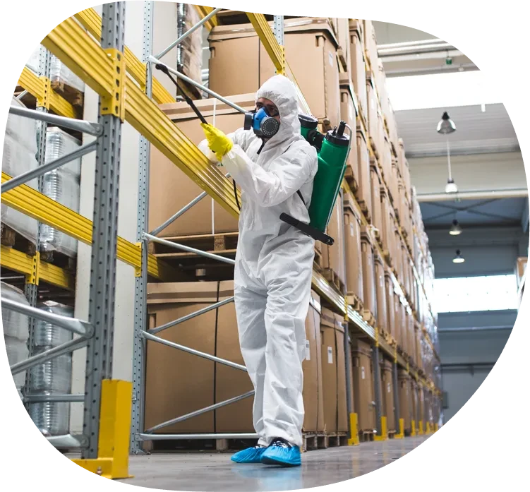 Schädlingsbekämpfung im Lagerhaus – Person in Schutzanzug bei der Desinfektion von Regalen