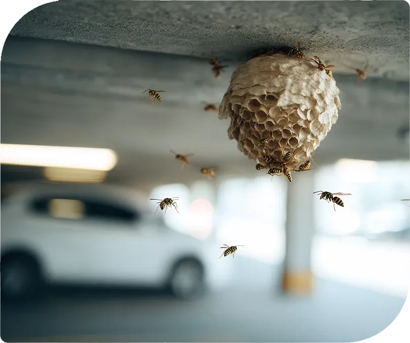 Wespennest mit fliegenden Wespen in einer Tiefgarage, insekten-contentbild-01